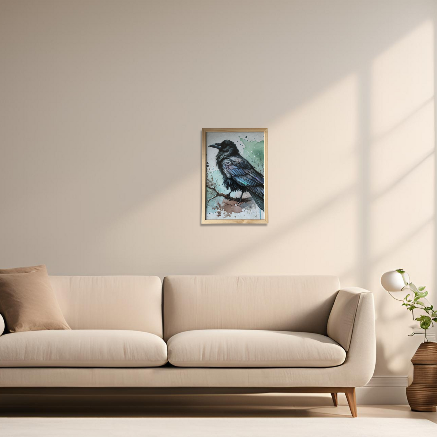 Krähe Wandbild im Holzrahmen