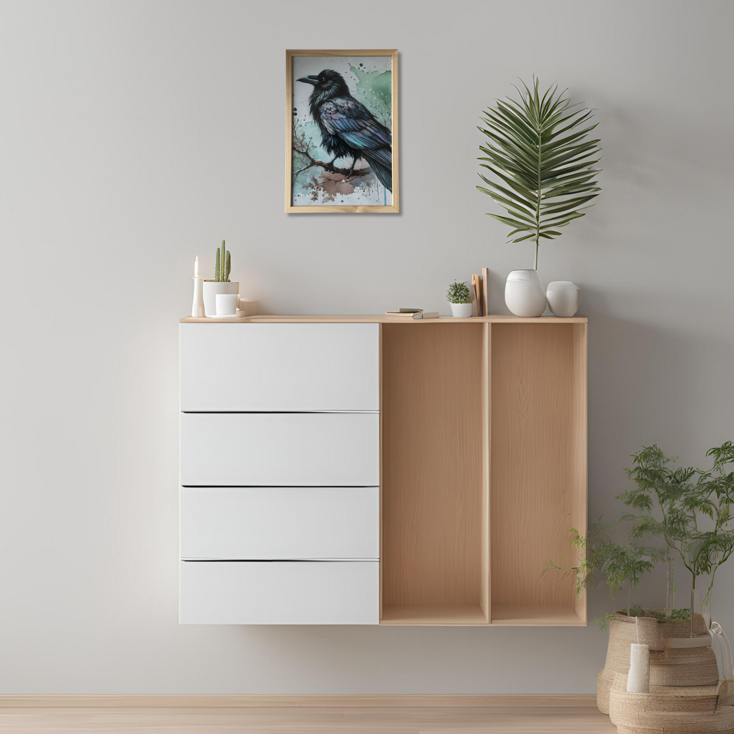 Krähe Wandbild im Holzrahmen