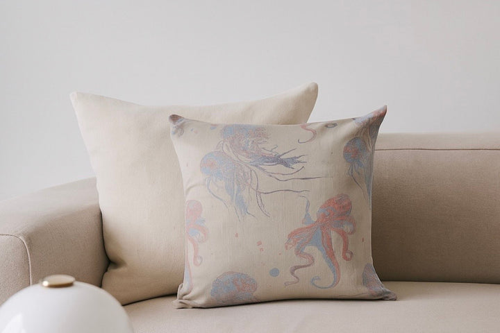 Handmade Designerkissen mit Ozean Motiv aus Baumwolle, kombiniert mit schlichter Einrichtung und weißen Möbeln
