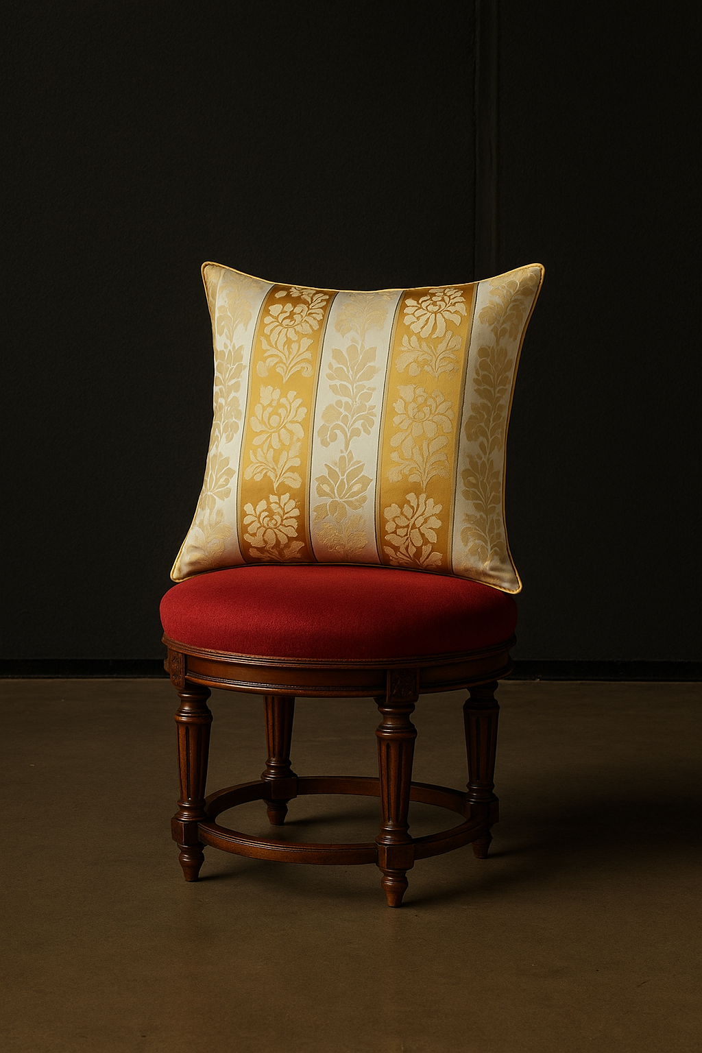 Zierkissen mit goldenen Streifen und floralen Ornamenten aus italienischem Jacquardstoff auf einem antiken Hocker vor schwarzer Wand.